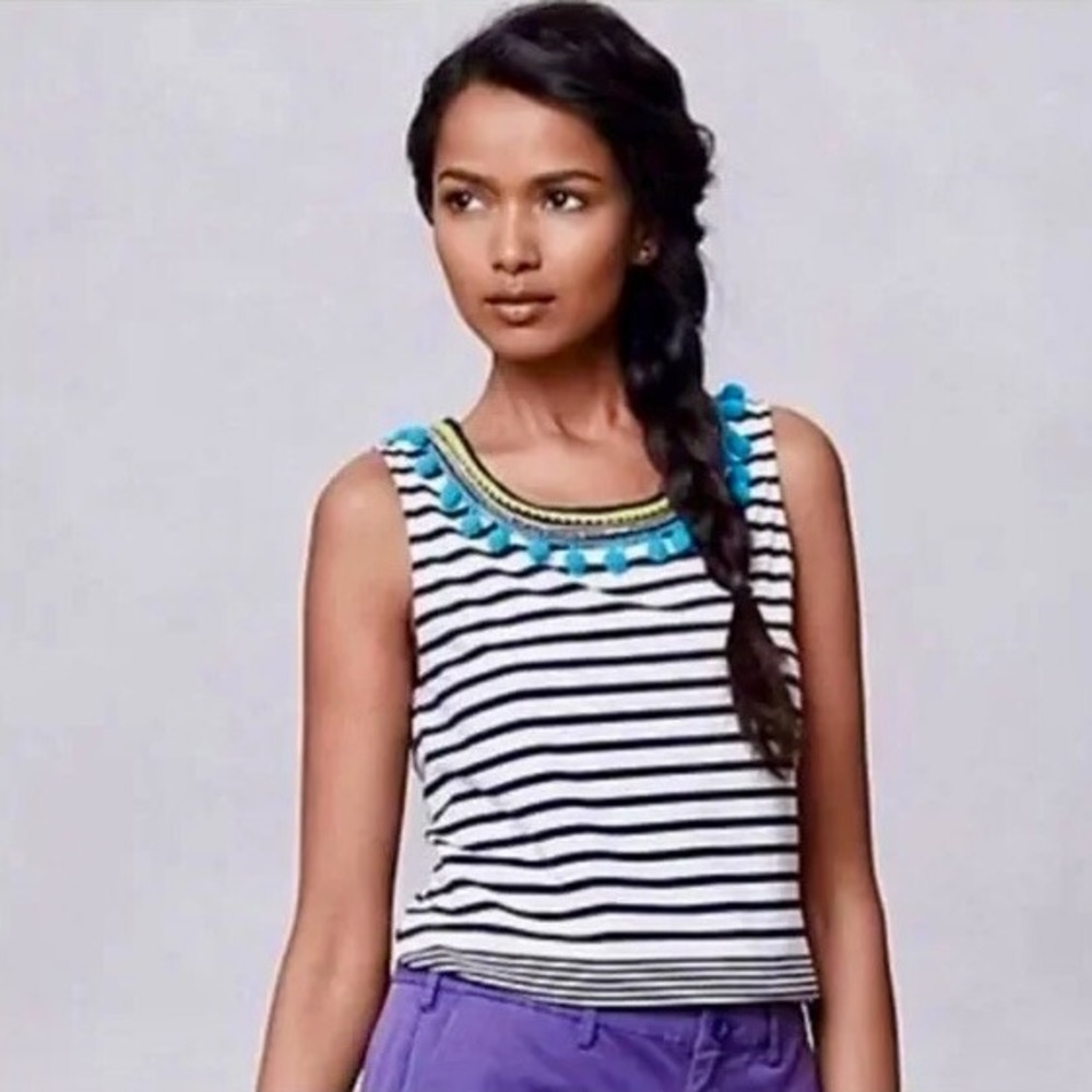 Anthropologie ONE‎ SEPTEMBER Striped Tank Top Pom Poms Navy White Boho Small